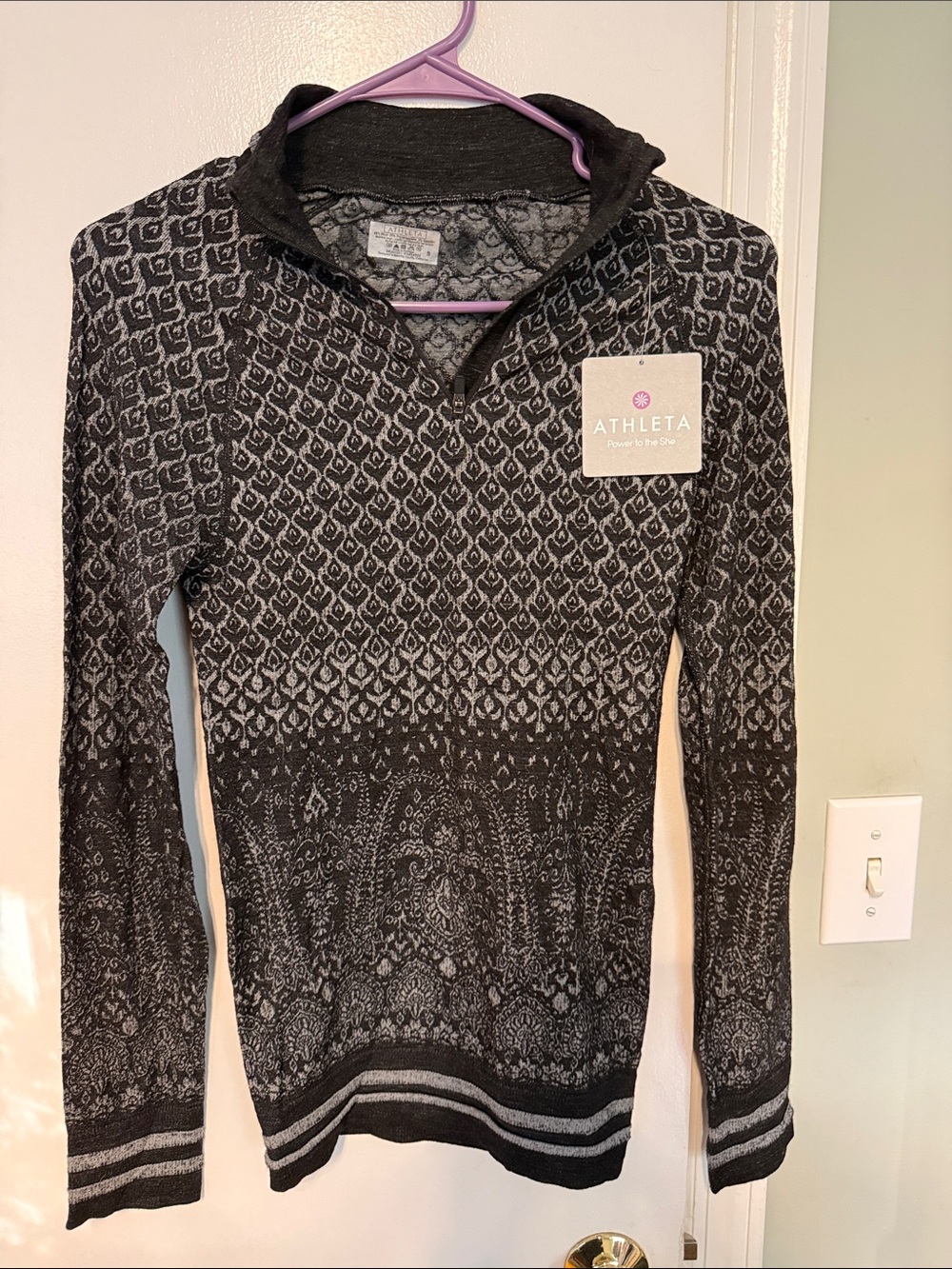 Athleta Wool Blend Jacquard 1/4 Zip Pullover Women’s S Black Gray NWT